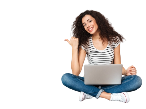 nice-woman-with-beautiful-smile-sitting-in-lotus-pose-on-the-floor-with-silver-computer-on-legs-gesturing-thumb-aside-submitting-something-copy-space-PhotoRoom